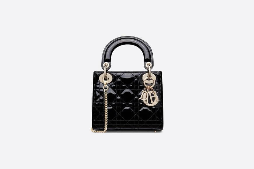 Mini Lady Di**r Bag Black Patent Cannage Calfskin
