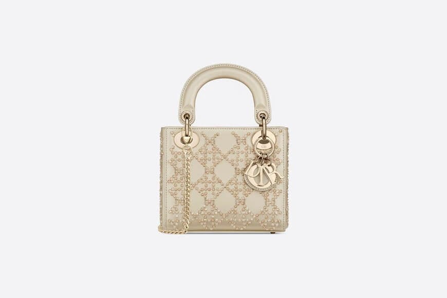Mini Lady Di**r Bag Metallic Cannage Calfskin with Platinum Beaded Embroidery