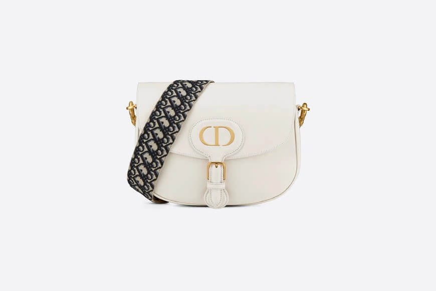 Large Di**r Bobby Bag Latte Box Calfskin with Blue Di**r Oblique Embroidered Strap