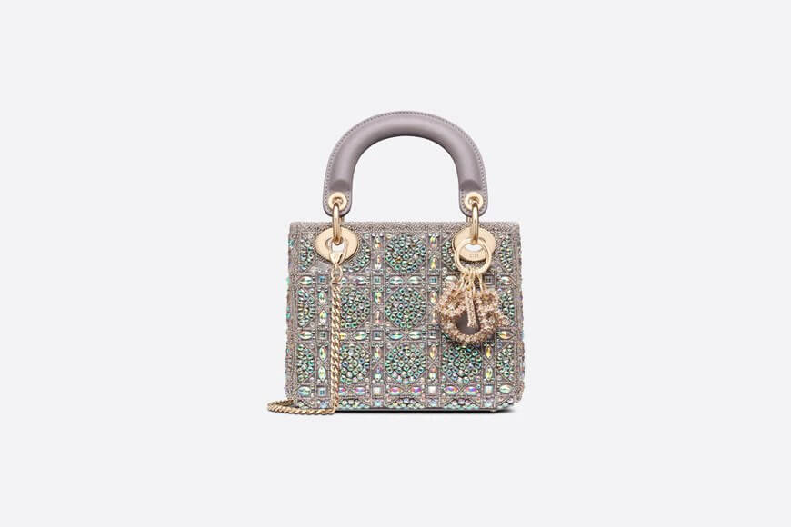 Mini Lady Di**r Bag Gray Calfskin and Satin with Bead Embroidery