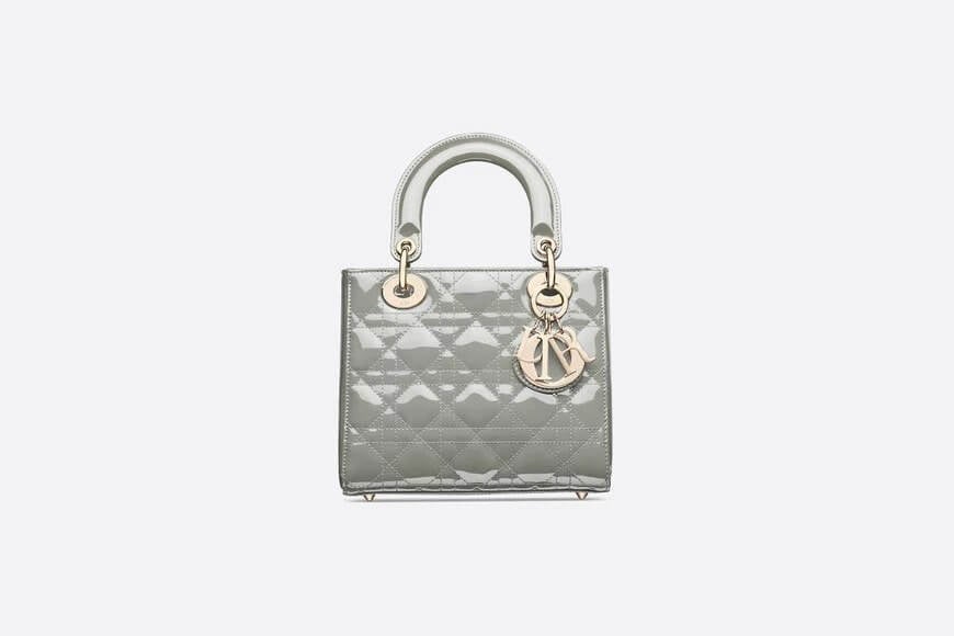 Small Lady Di**r Bag Gray Patent Cannage Calfskin