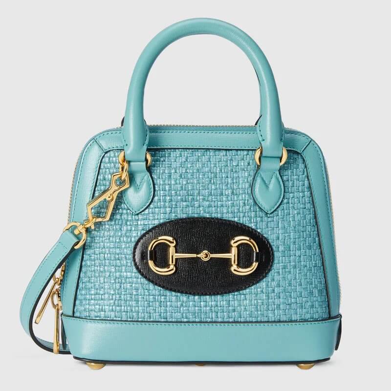 G*G Horsebit 1955 mini top handle bag in pastel blue straw effect | G*G® US