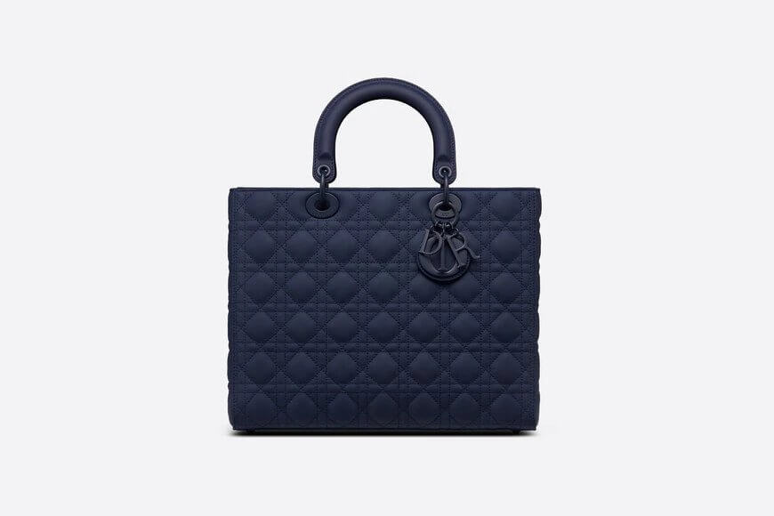 Large Lady Di**r Bag Indigo Blue Ultramatte Cannage Calfskin