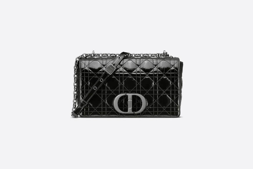 Medium Di**r Caro Bag Black Crinkled Patent Lambskin