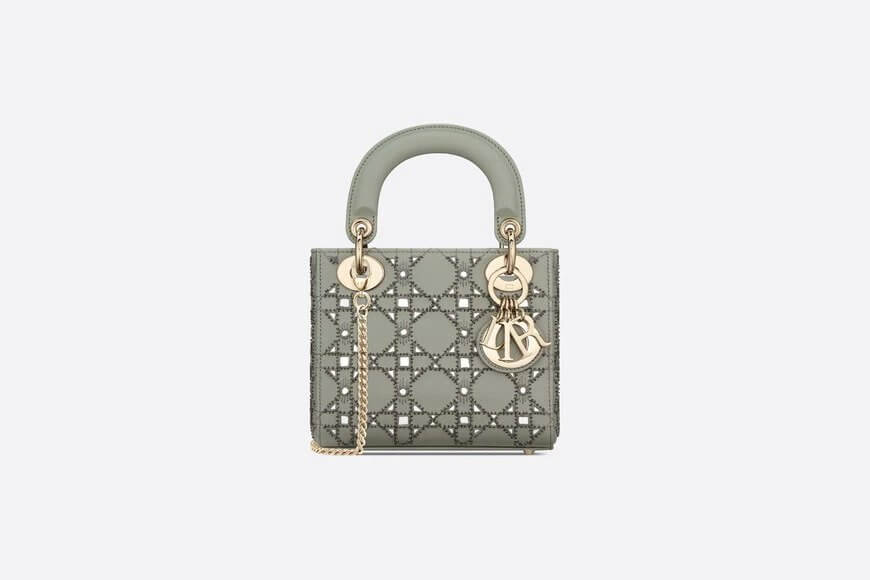 Mini Lady Di**r Bag Gray Cannage Calfskin with Thread