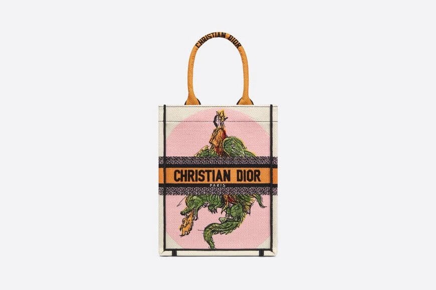 Vertical Di**r Book Tote White Multicolor Princess & Dragon Embroidery