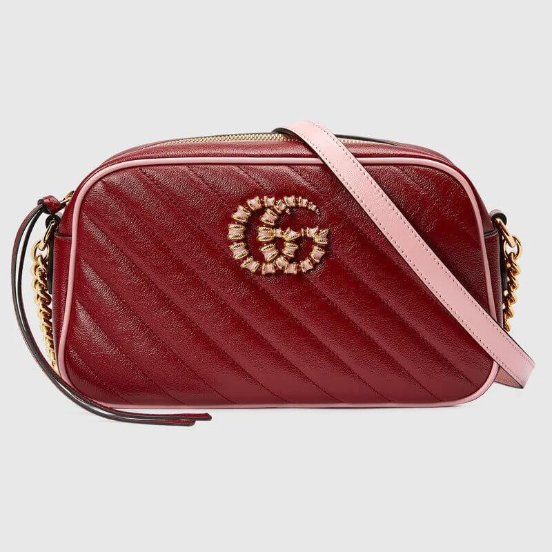 GG Marmont small shoulder bag in dark red and pastel pink | G*G® US