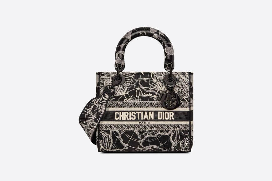 MEDIUM LADY D-LITE BAG Black and White Di**r Around the World Embroidery