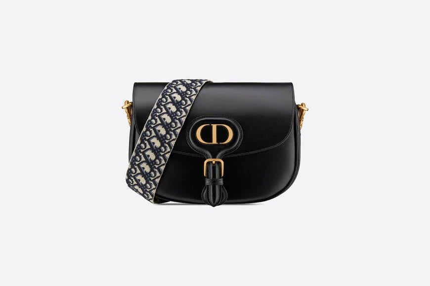 LARGE Di**r BOBBY BAG Black Box Calfskin with Blue Di**r Oblique Embroidered Strap