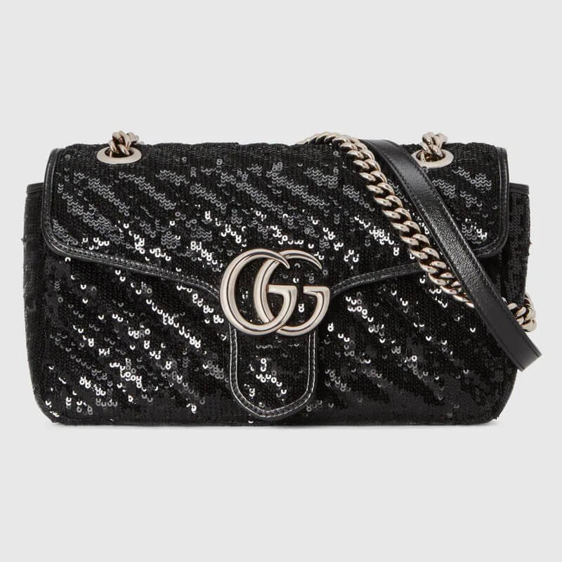 GG Marmont small sequin shoulder bag in black silk | G*G® US