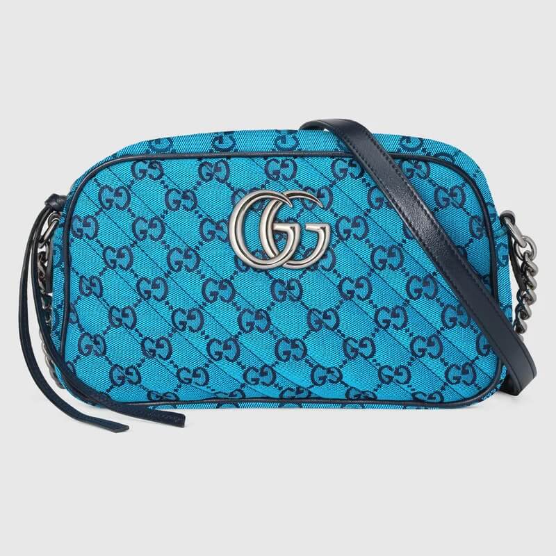 GG Marmont Multicolor small shoulder bag in light blue and blue canvas | G*G® US