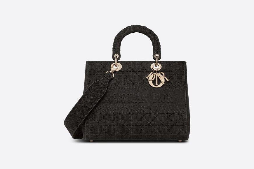 Large Lady D-Lite Bag Black Cannage Embroidery