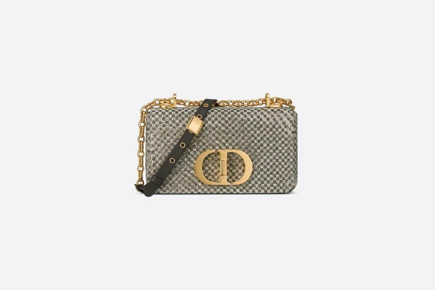 Small Di**r Caro Bag Gray Calfskin with Bead Embroidery