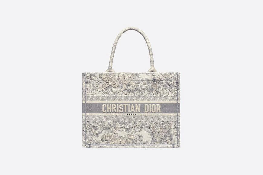 Small Di**r Book Tote Gray Toile de Jouy Embroidery