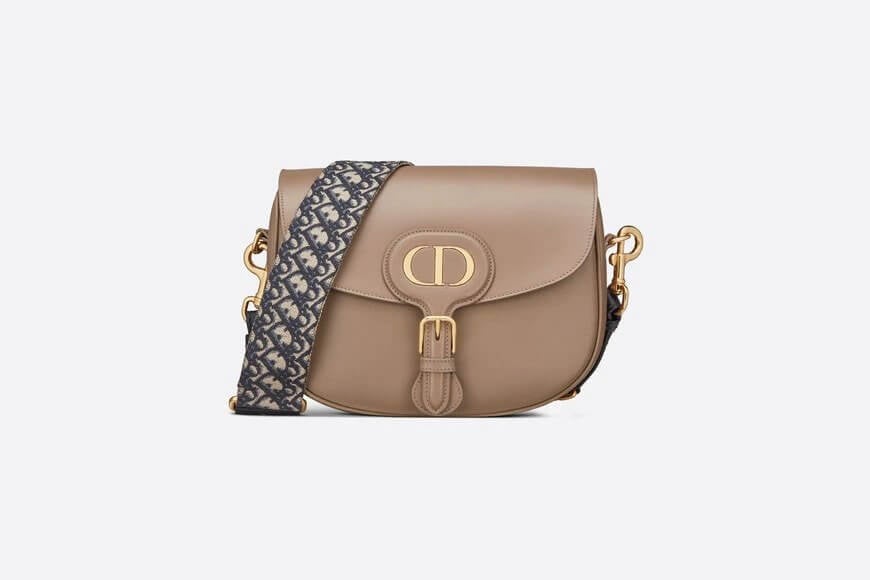 Large Di**r Bobby Bag Warm Taupe Box Calfskin with Blue Di**r Oblique Embroidered