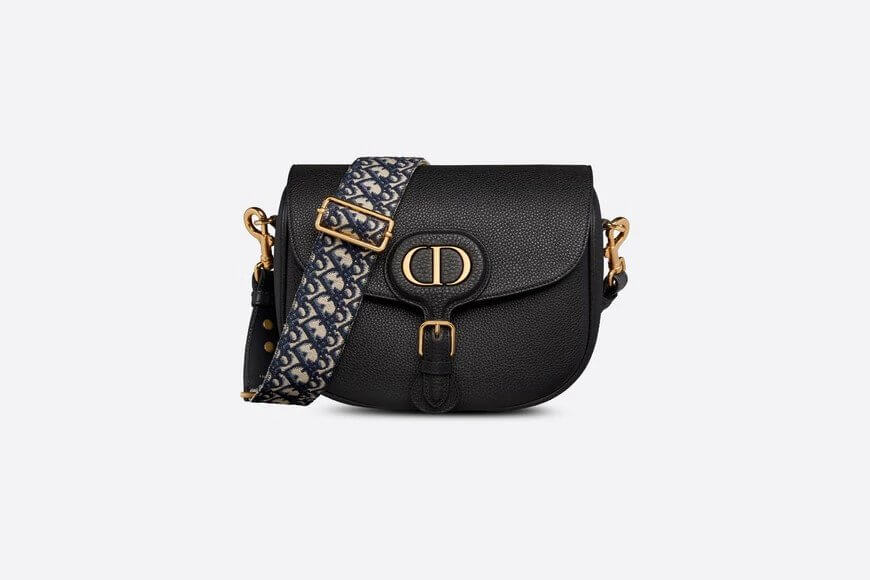 Large Di**r Bobby Bag Black Grained Calfskin with Blue Di**r Oblique Embroidered