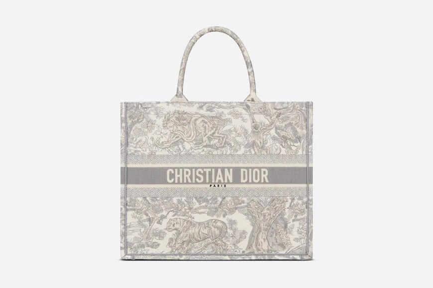 Large Di**r Book Tote Gray Toile de Jouy Embroidery