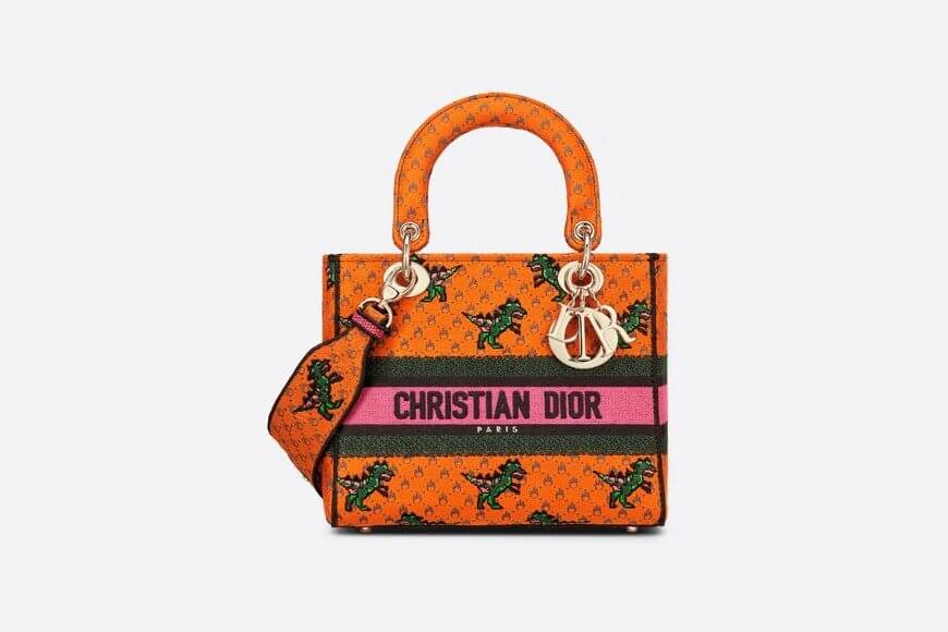 Medium Lady D-Lite Bag Orange Multicolor Dragon & Fire Embroidery<