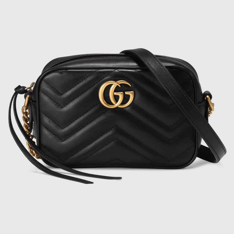 Black Leather GG Marmont Matelassé Mini Bag Zip Top Closure | G*G® US