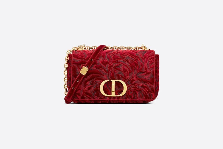 Medium Di**r Caro Bag Red Di**r Roses Embroidered Velvet