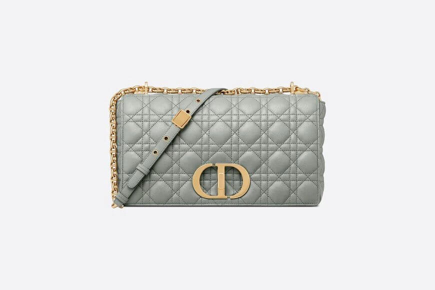 Large Di**r Caro Bag Gray Supple Cannage Calfskin