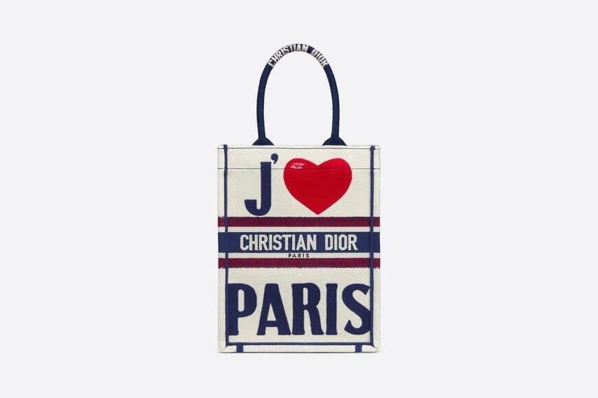 Vertical Di**r Book Tote White Multicolor I Love Paris Embroidery