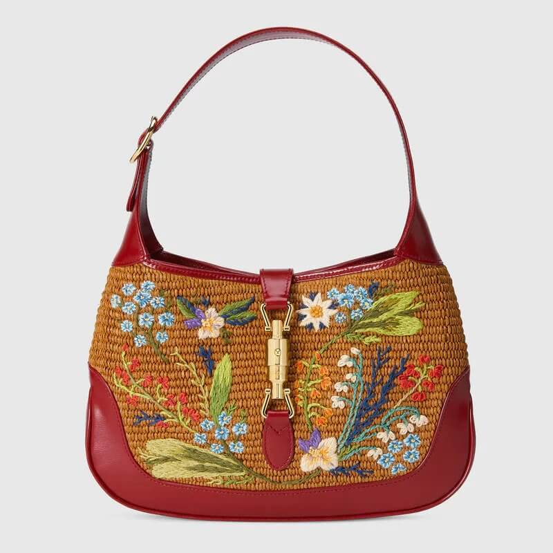 Jackie 1961 small embroidered bag in camel straw effect | G*G® US