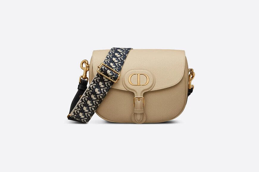 Beige Grained Calfskin with Blue Di**r Oblique Embroidered Shoulder Strap