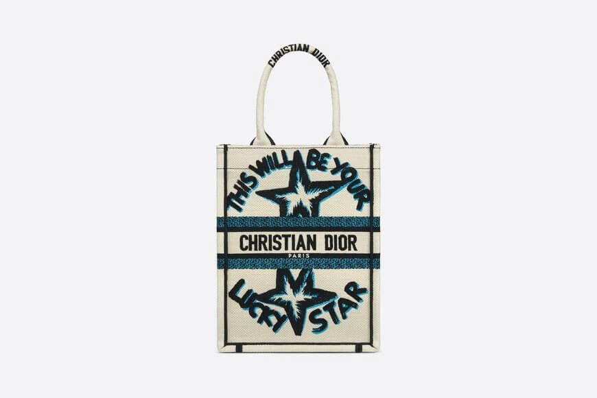 Vertical Di**r Book Tote White Multicolor Lucky Star Embroidery
