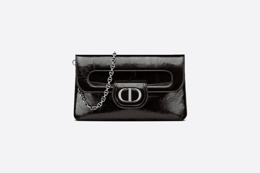 Medium Di**rDouble Bag Black Crinkled Patent Lambskin