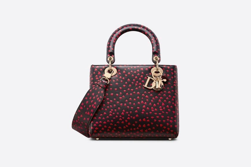 Medium Lady Di**r Bag Navy Blue I Love Paris and Red Hearts Calfskin