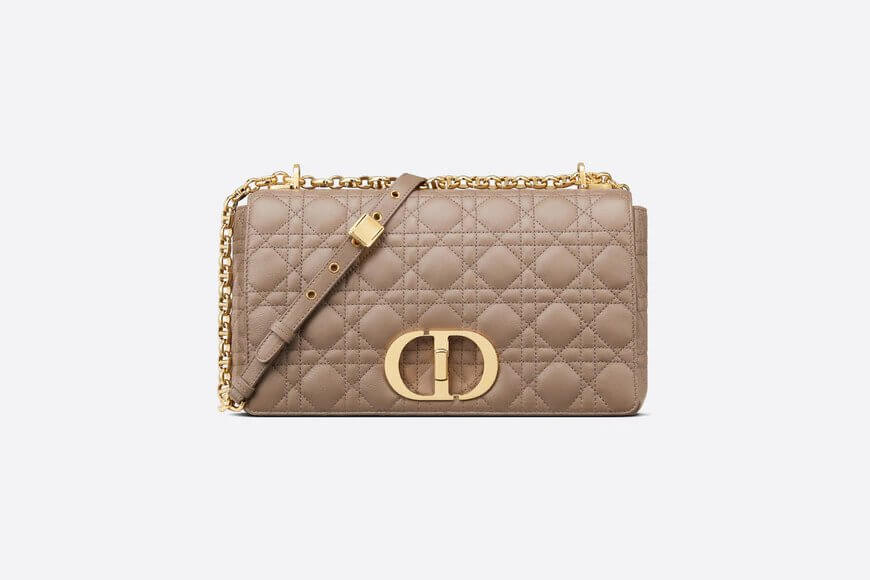 Large Di**r Caro Bag Warm Taupe Supple Cannage Calfskin