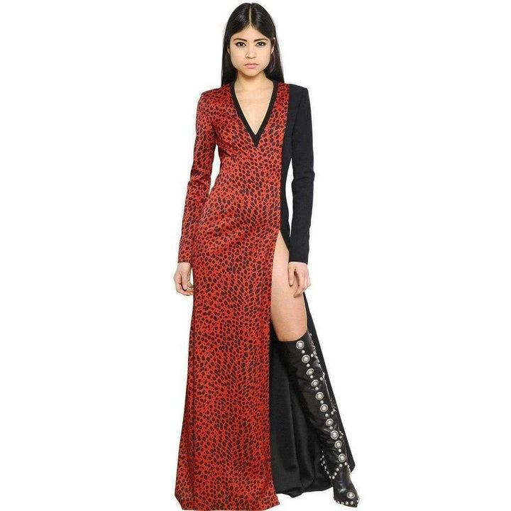 Red Leopard Print Stretch Silk Gown