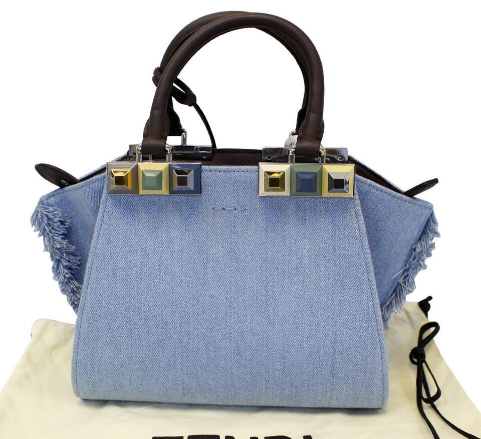 Fendi Crossbody 3 Jour Mini Fringed Studs Tote Blue Denim Shoulder Bag