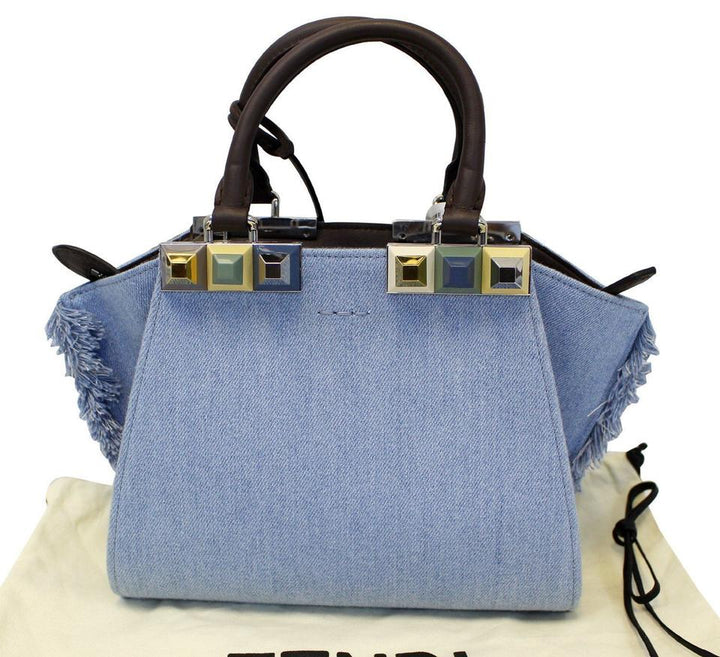 Fendi Crossbody 3 Jour Mini Fringed Studs Tote Blue Denim Shoulder Bag