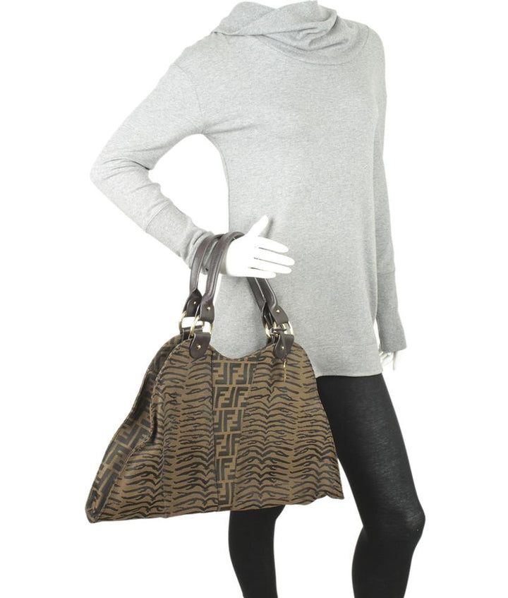 Fendi 8b Devil Trapezio Zucca Brown Canvas Shoulder Bag