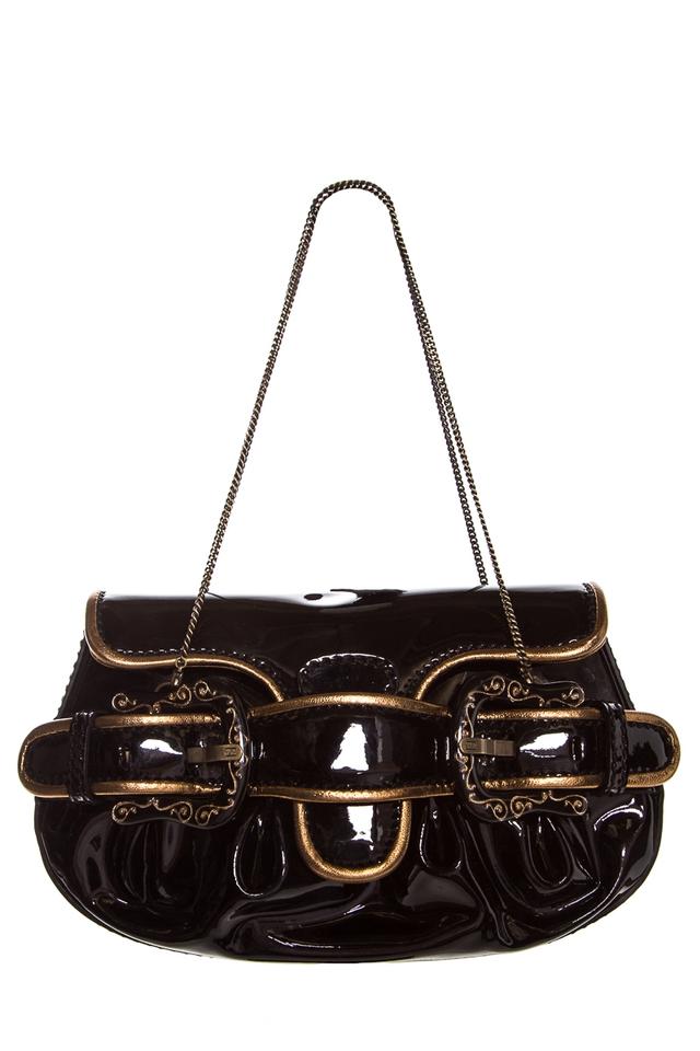 Fendi Gold Patent Mini B Black Leather Clutch