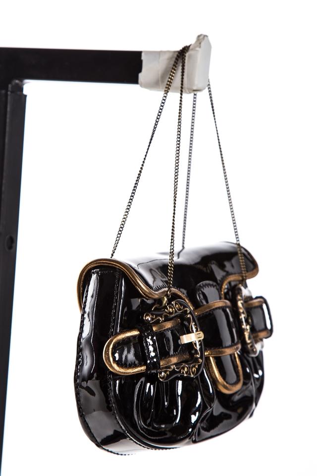 Fendi Gold Patent Mini B Black Leather Clutch