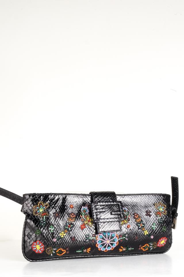 Fendi Beaded Black Python Skin Leather Shoulder Bag