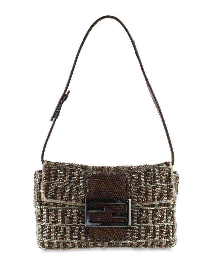 Fendi Beaded Mini Brown Canvas Baguette