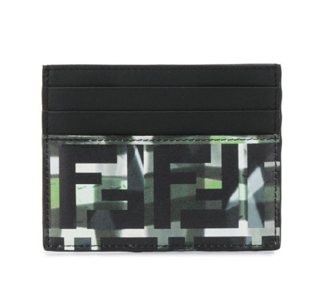 Fendi Unisex Camouflage FF Print Black Green Calf Leather Card Case 7M0164