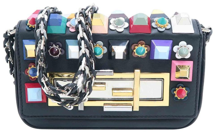 Fendi Calfskin Leather Black Stud Cross Body Bag
