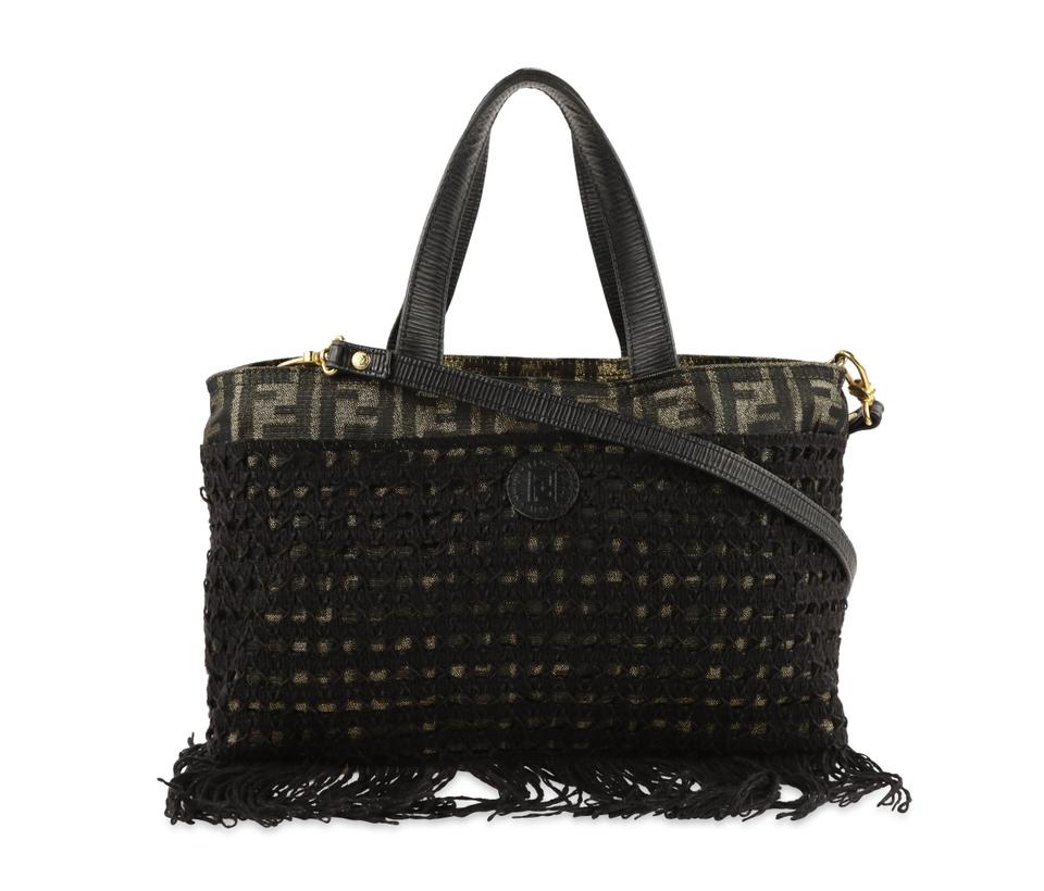 Fendi Fringe Convertible Zucca Black Canvas Satchel