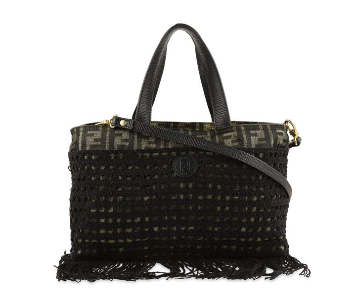 Fendi Fringe Convertible Zucca Black Canvas Satchel