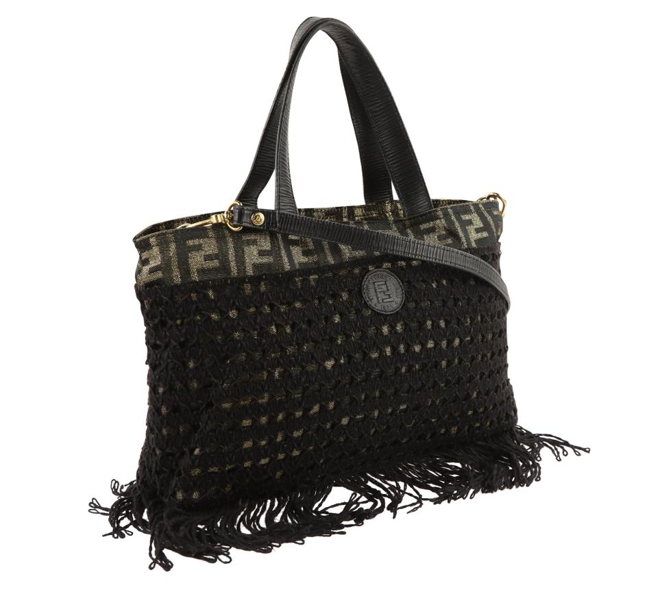Fendi Fringe Convertible Zucca Black Canvas Satchel