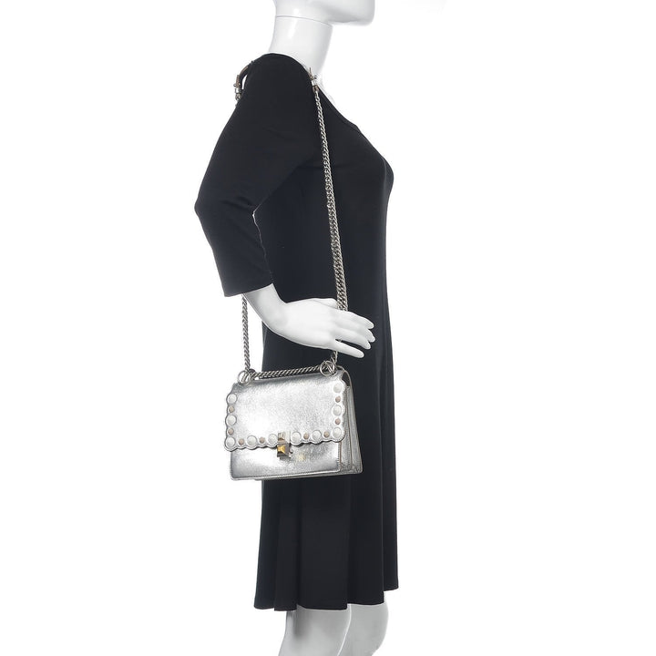 Fendi Kan I Metallic Silver Calfskin Scalloped Studded Small Shoulder Bag 8M0381