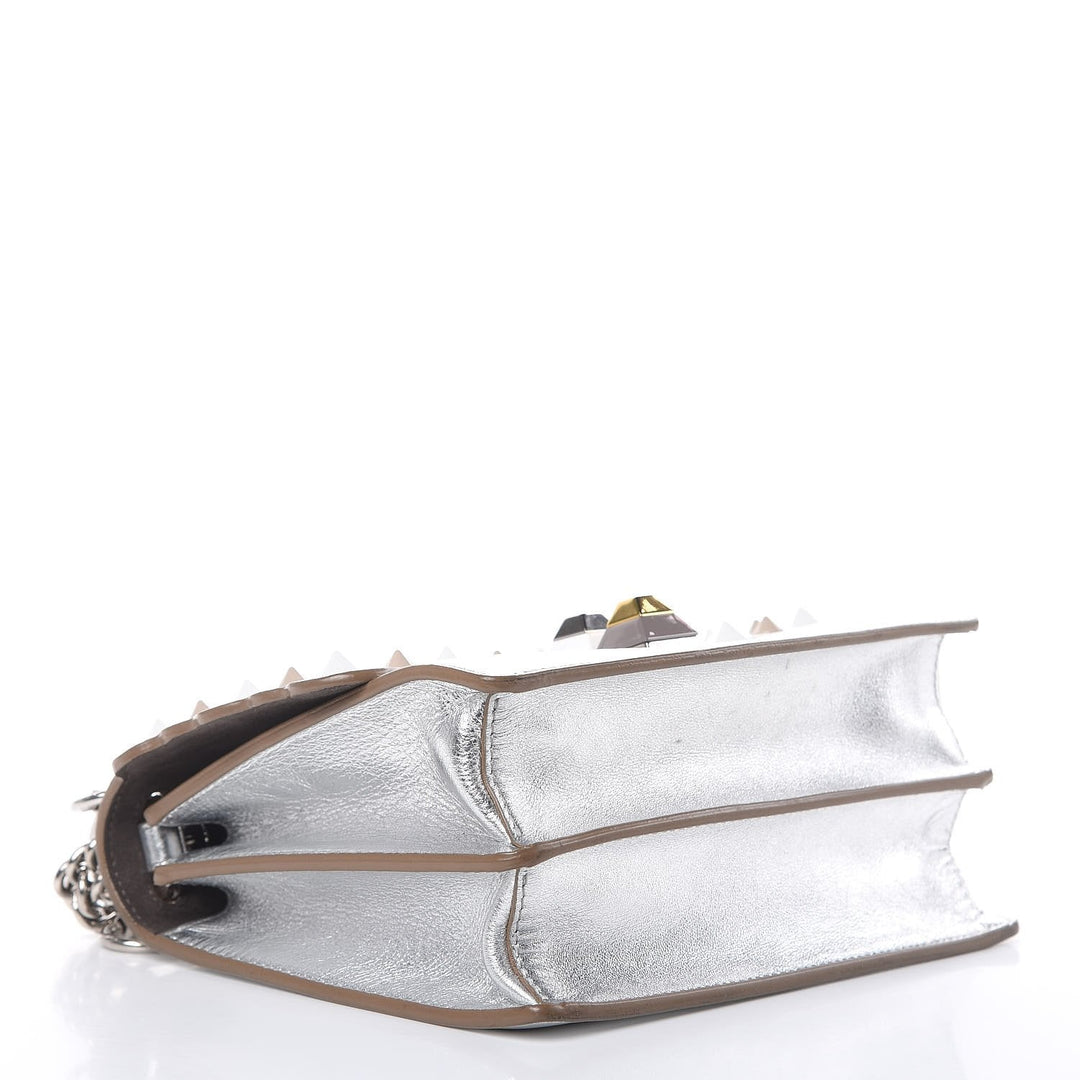 Fendi Kan I Metallic Silver Calfskin Scalloped Studded Small Shoulder Bag 8M0381