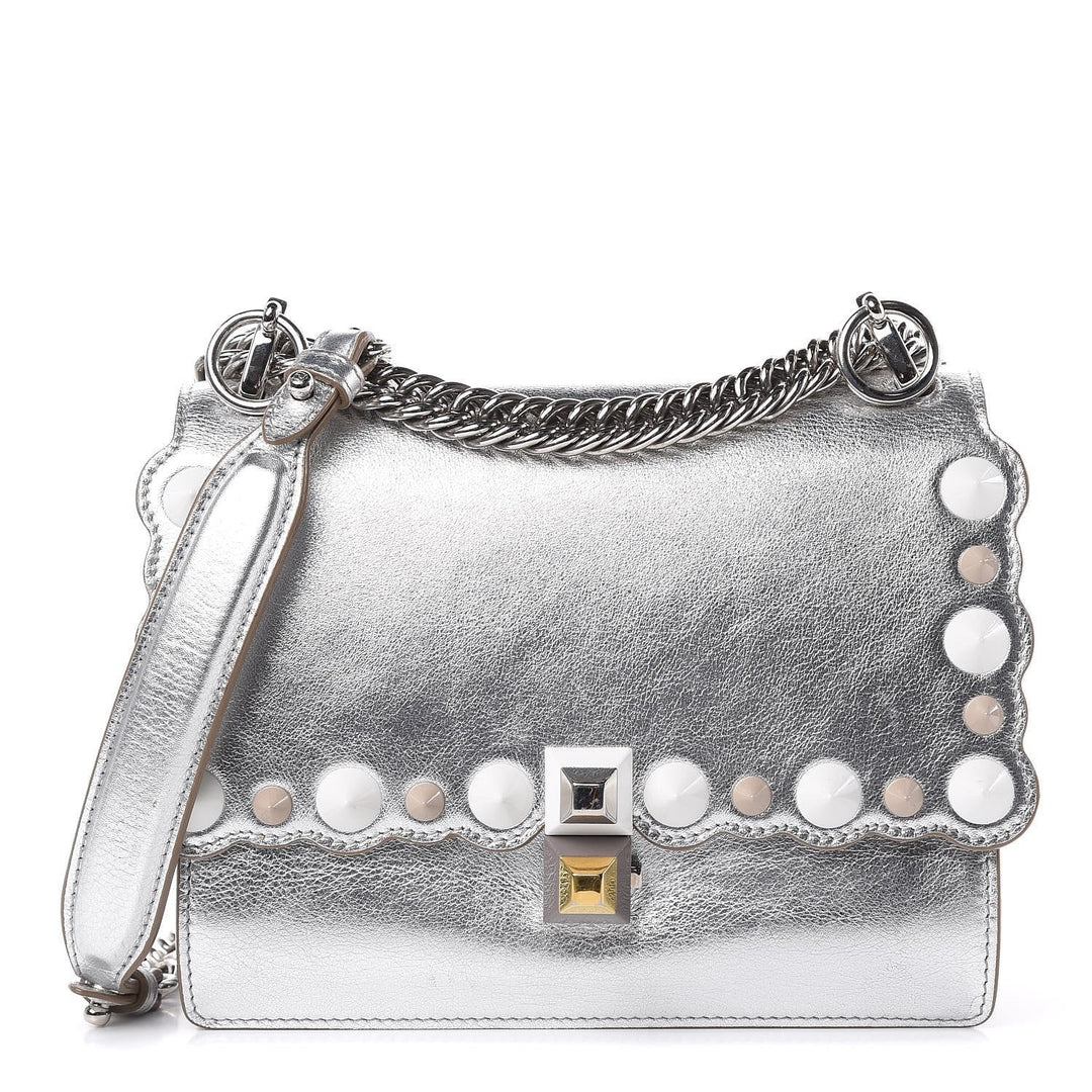 Fendi Kan I Metallic Silver Calfskin Scalloped Studded Small Shoulder Bag 8M0381