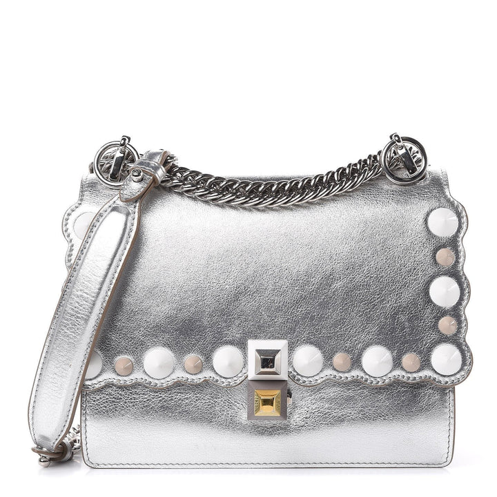 Fendi Kan I Metallic Silver Calfskin Scalloped Studded Small Shoulder Bag 8M0381