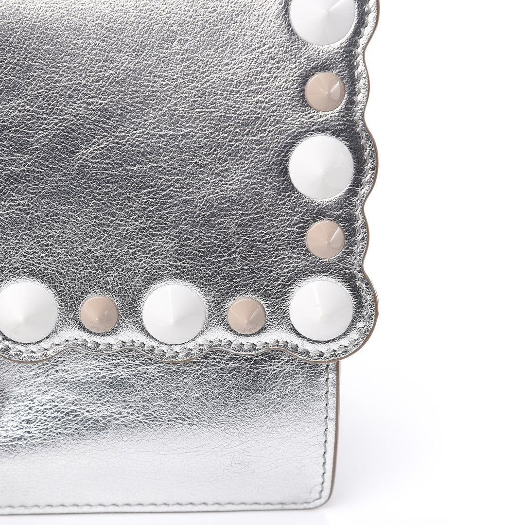 Fendi Kan I Metallic Silver Calfskin Scalloped Studded Small Shoulder Bag 8M0381